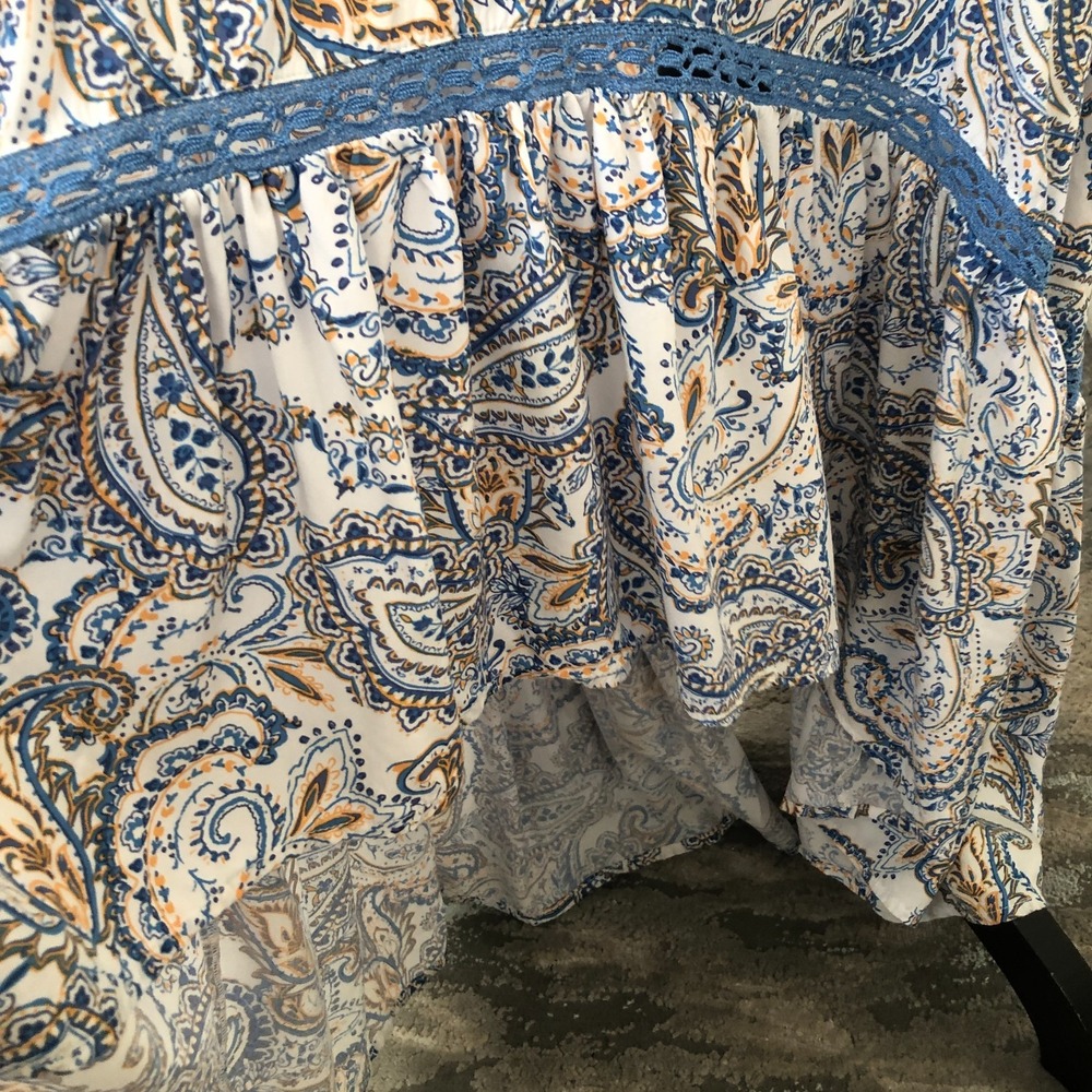 Women's Beyond The Radar Blue Paisley Cap Sleeve Hi-Low Ruffle Boho Maxi Dress L - Picture 7 of 16